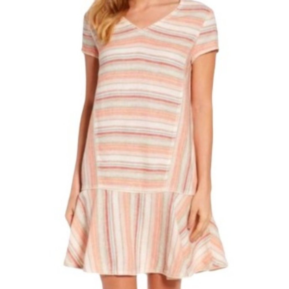 Anthropologie Caslon • Linen Striped V-Neck Tunic Flare Dress